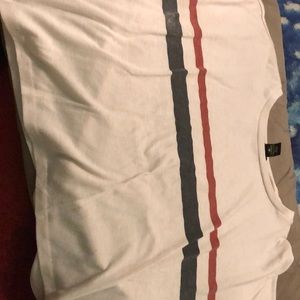 White t-shirt blue and red stripe across
